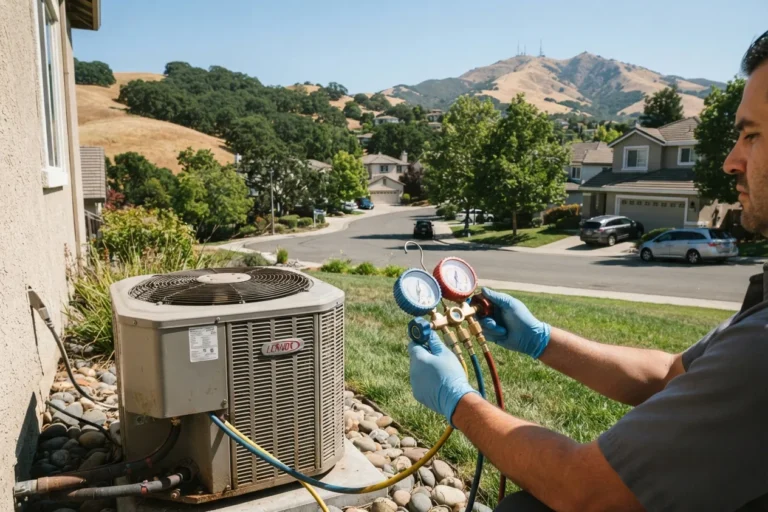 Technician checking refrigerant pressure on an outdoor AC unit
